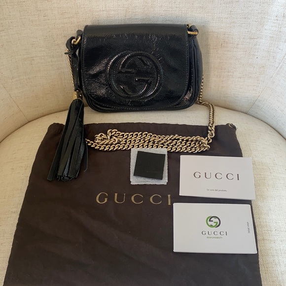 Gucci Handbags - Gucci Soho Black Patent Leather Flap Chain Crossbody Bag